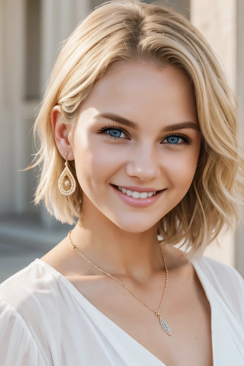 20A beautiful young woman、 White woman、Blonde Hair、Wavy Hair、Short Haircut、blue eyes、Ear piercing、Necklace around the neck、blouse、smile, Beautiful teeth alignment、Intricate details, Very detailed:1.2), 、 Looking at the camera,The background is the town