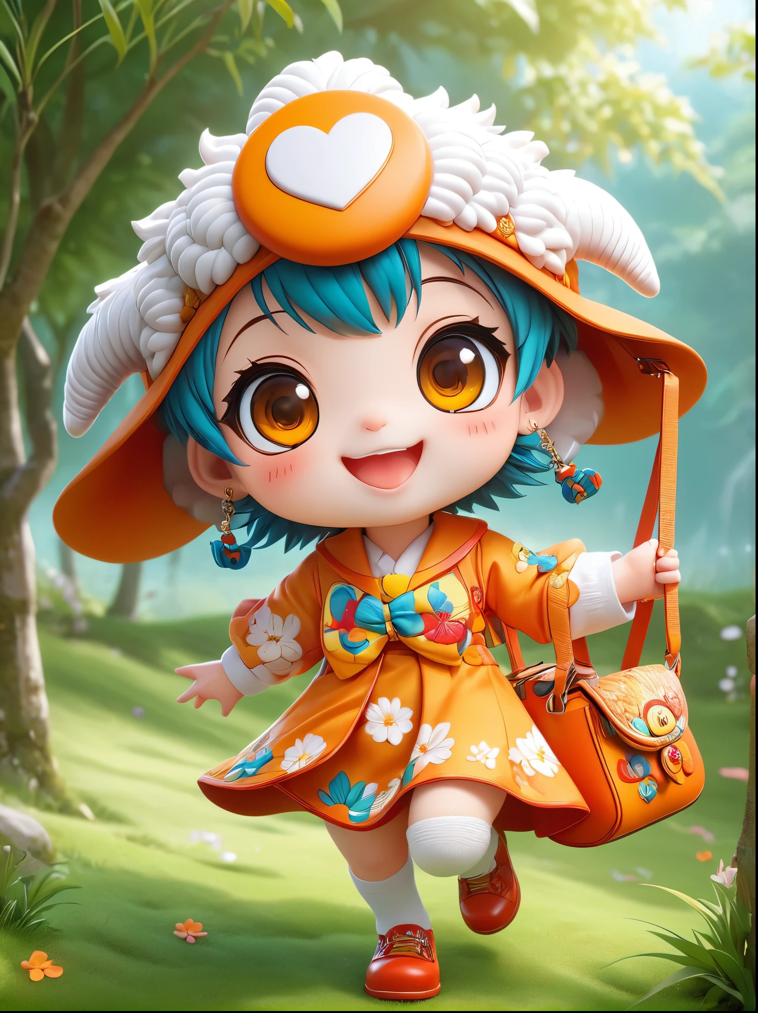 (chibi)，(masterpiece, top quality, best quality, official art, beautiful and aesthetic:1.2), cute lamb ip,koi,chibi face,grass,red scar, laugh,beautiful dress, cute cartoon diagonal shoulder bag, orange cartoon glasses, yellow pattern wool cap, 1fkxc1