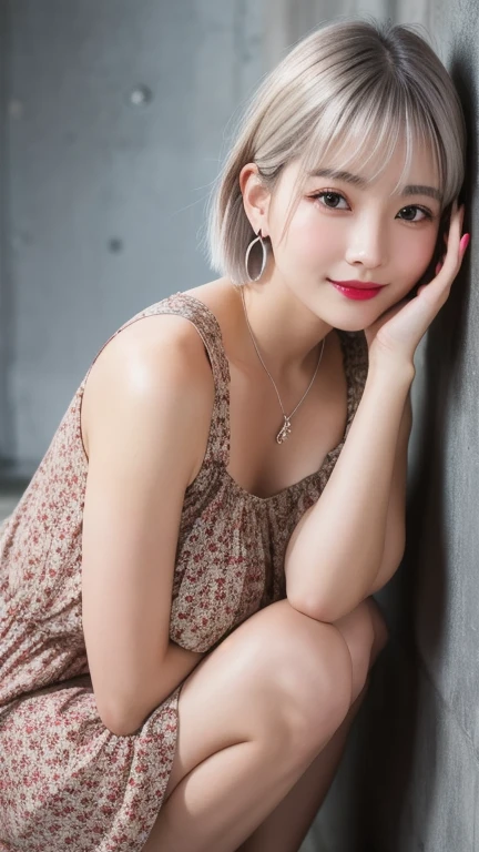 (8k, Photorealistic, Raw photo, Highest quality: 1.4),Japanese idol style1Beautiful girl of the person,18-year-old,Short bob hairstyle,(Silver Hair :1.4),She has her hair tucked behind her ears,She has small earrings in her ears,Big, clear grey eyes,Long eyelashes,Plump Cheeks,She is wearing pale pink lipstick.,Apply gloss over your lipstick for glossy, plump lips,Smiling,A short pendant is hanging around her neck.,The nails on both hands are painted with light pink nail polish.,Both toenails have red nail polish,(She is wearing a sleeveless floral dress,(Dark colored base :1.4),(Long length :1.2)),barefoot,Standing on the grass in the park,(Full body portrait,(Angle from below :1.3))