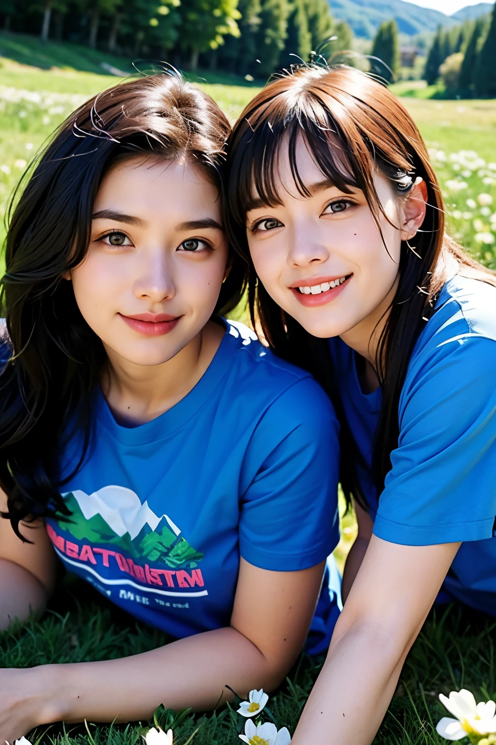2 Girls, ideal , t-shirt, grass mountain flower background, Lesbian couples
