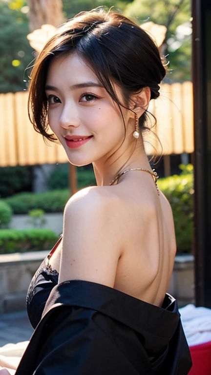 ((Beautiful Japanese Women)),Small breasts,, (8k, RAW Photos, highest quality, masterpiece:1.2),(Realistic, photo-Realistic:1.37),Very delicate and beautiful,8k,In detail,Beautiful details,highest quality,Ultra-high resolution,((Very detailed)),(photo-Realistic:1.37),(((Black short hair)))、((Mole on the corner of the eye))、(Thin eyebrows)、((double eyelid))、((Tear bags))、Fine skin、Beautiful neckline、((kimono))、necklace、smile、Kyoto cityscape、((Golden ratio of the face))、Slim body、(Beautiful curves)、Clear face)、((Beautiful nape))