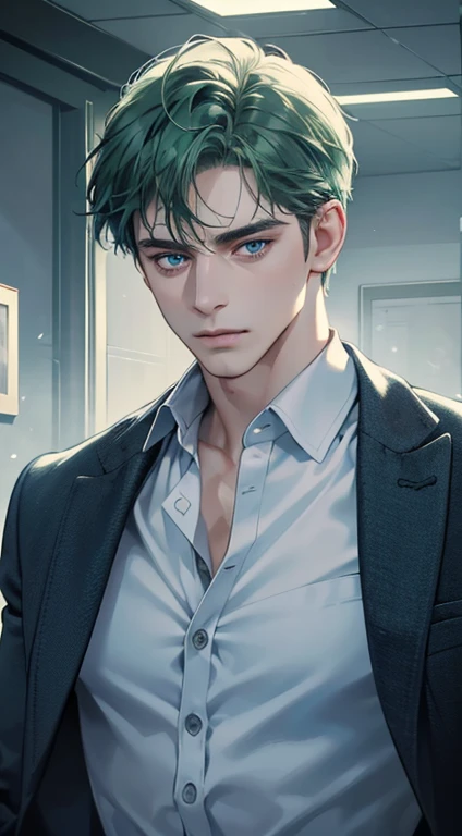 (best quality, masterpiece, 8K, photorealistic, cinematic lighting, 1:4 hdr image, ultra detailed, beautiful image), a mature man, 34 years very handsome, ((cold expression)), short green hair, blue eyes, face perfect without mistakes, ((buttoning his jacket, CEO))