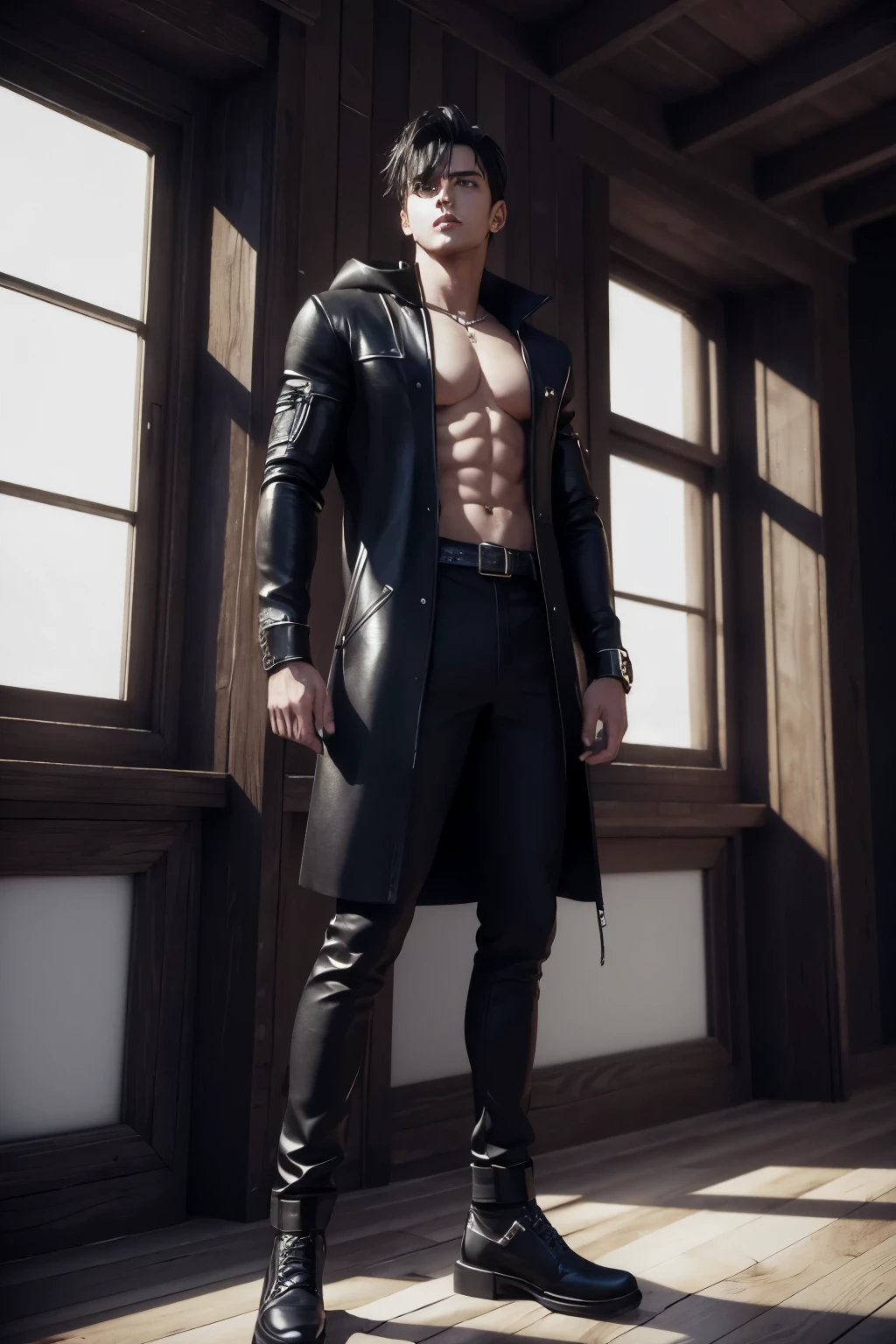 ((best quality)), ((masterpiece)), (detailed), 1male, full body, standing, black clothing, , tall muscular guy, 80s anime, gothic boy, looking at viewer, straight-on, finely detailed eyes and detailed face, extremely detailed CG unitymasterpiece