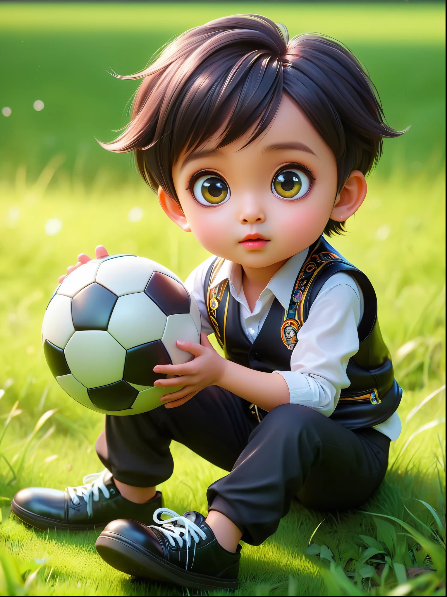 (chibi)，masterpiece，Best quality，Original，Official Art，whole body，Realistic cute children，big eyes，Sit and play with the ball，grassland，Wearing a vest，Black pants and black shoes，Fashion trend，Kanikaron style hairstyle，Product Perspective，Detailed facial details，Perfect face，Clarity，Trendy Art，sharp detailed face，Neon light，Background blur，Cartoon shading, , 1fkxc1