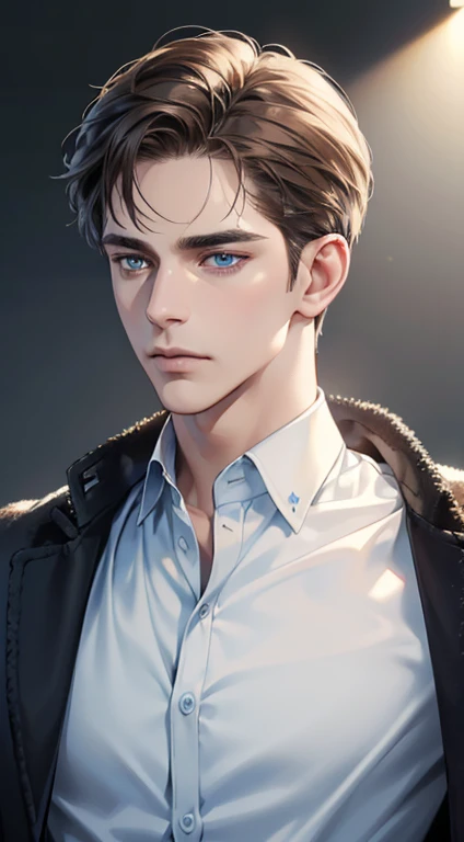 (best quality, masterpiece, 8K, photorealistic, cinematic lighting, 1:4 hdr image, ultra detailed, beautiful image), a mature man, 34 years very handsome, ((cold expression)), short brown hair, blue eyes, face perfect without mistakes, ((buttoning his jacket, CEO))