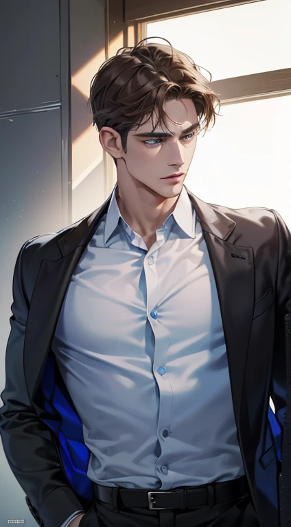 (best quality, masterpiece, 8K, photorealistic, cinematic lighting, 1:4 hdr image, ultra detailed, beautiful image), a mature man, 34 years very handsome, ((cold expression)), short brown hair, blue eyes, face perfect without mistakes, ((buttoning his jacket, CEO))