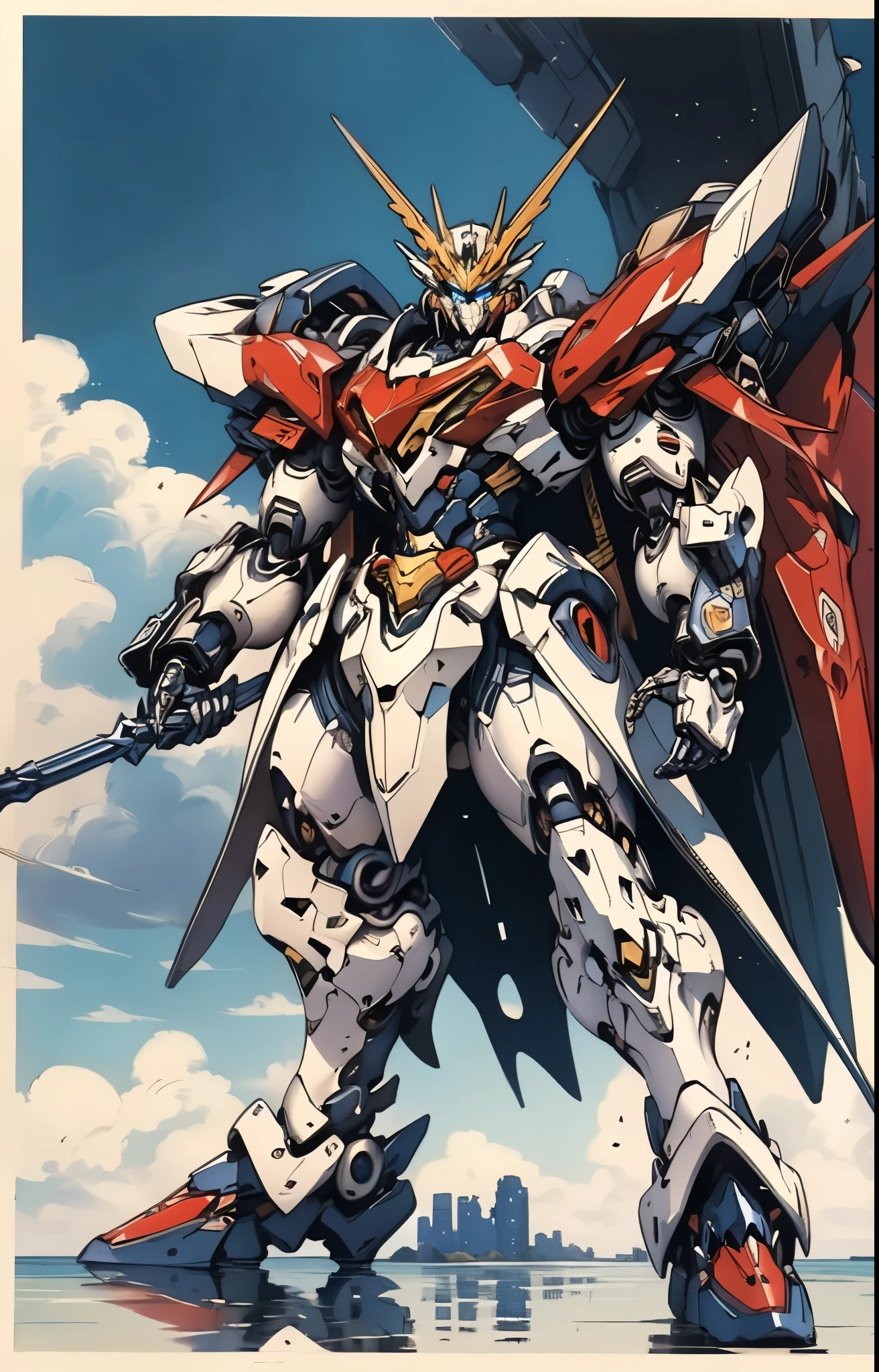 Humanoid Mecha, fully enclosed shoulder guards, matching arm and leg guards, full body, full armor, the design balances heavy with agility, (the color scheme is primarily white with red and blue accents, the concept Inspired by Super robot, organic biotech armor, standing, floating high above the futuristic sci-fi city), exquisite and mature art style, (aura effect, energy, glowing eyes, the armor glows), ((SRS)), metallic, dynamic, dramatic, high definition, best quality, highres, ultra-detailed, ultra-fine painting, extremely delicate, professional, perfect body proportions, anatomically correct, symmetrical face, extremely detailed eyes and face, high quality eyes, creativity, RAW photo, UHD, 32k, Natural light, cinematic lighting, masterpiece-anatomy-perfect, masterpiece:1.5