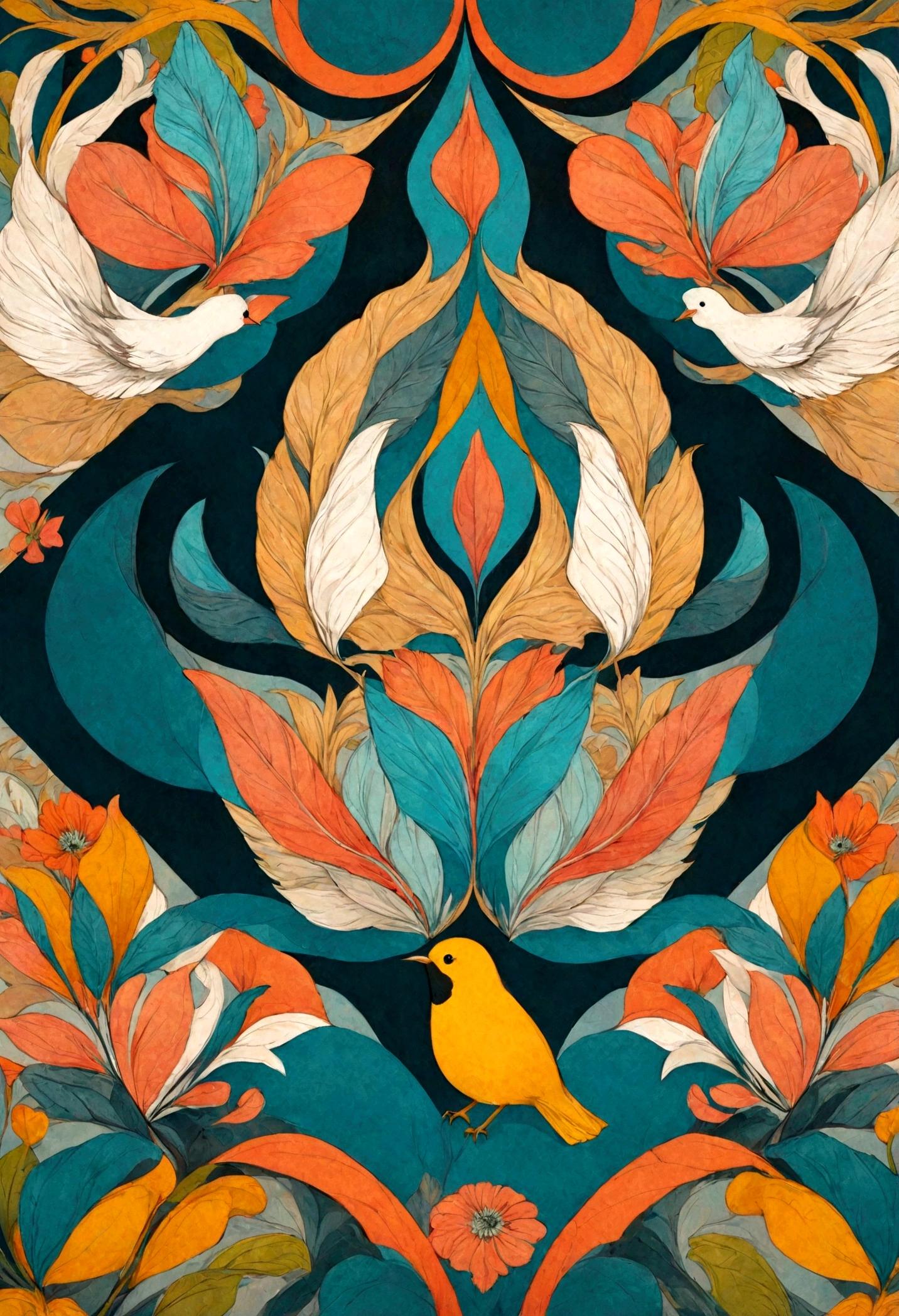 Abstract art illustrtion, flower and leaf, full frame and detail, little bit bird 