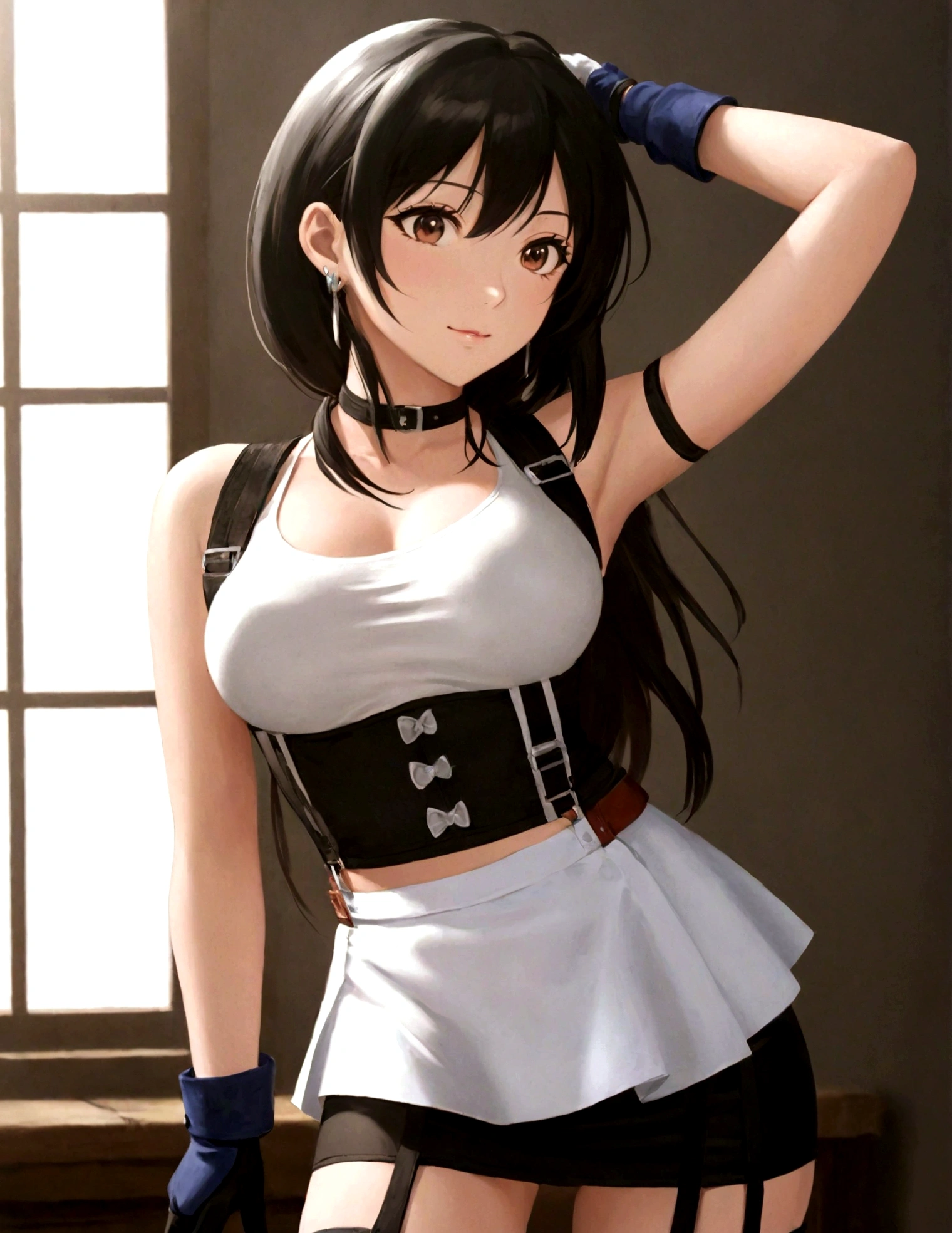 1 girl,白色Vest,黑色Suspenders,Show your armpits,Arms in the head,breast,earrings,肘Gloves,Elbow pads,Gloves,jewelry,大breast,Upper Body,skirt,solo,Suspenders裙,Suspenders,Vest,Tight clothing,tifa lockhart