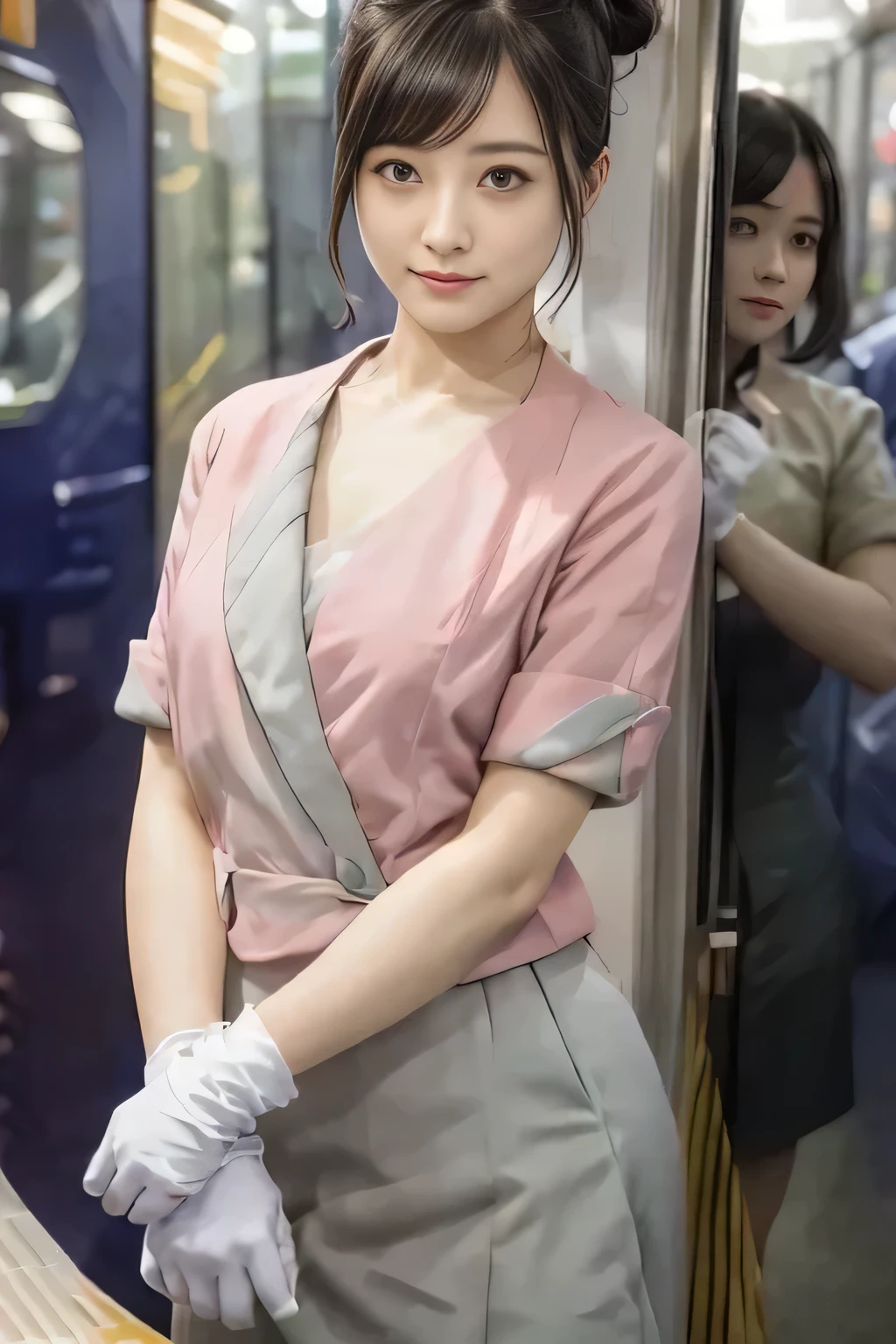 (masterpiece:1.2, highest quality:1.2), 32K HDR, High resolution, (alone、1 girl)、（On the rooftop of a building in the daytime、Professional Lighting）、Building rooftop background、（Nankai train crew uniform pinkを着たリアルスタイル）、（Nankai train crew uniform pink short sleeve pink jacket、Nankai Train Crew Uniform Pink Collarless Short Sleeve Blouse、Nankai Train crew uniform pinkのグレー色のキュロットスカート）、Dark brown hair、（Hair tied up、Hair Bun、Hair Bun）、Dark brown hair、Long Shot、Big Breasts、Thin legs、（（Great hands：2.0）），（（Harmonious body proportions：1.5）），（（Normal limbs：2.0）），（（Normal finger：2.0）），（（Delicate eyes：2.0）），（（Normal eyes：2.0））)、smile、（Nankai Train crew uniform pinkのグレー色のキュロットスカートを見せた美しい歩く姿）、Place your hands around your stomach、