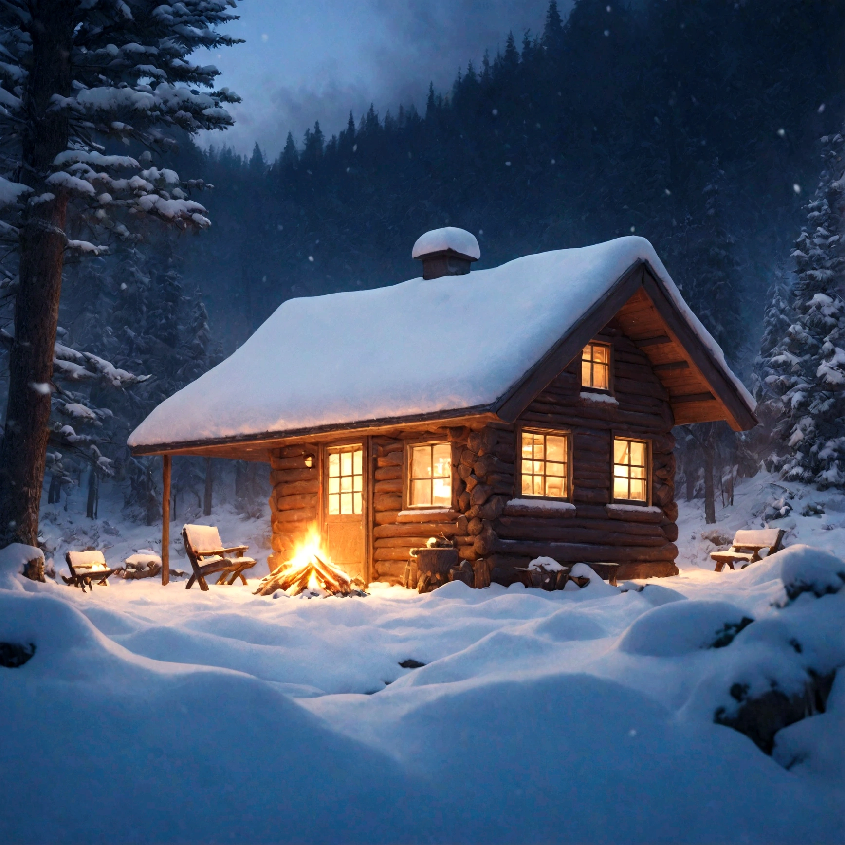 A cute miniature cabin deep in the woods, snow-covered, small fire out front, detailed winter landscape, cozy atmosphere, warm lighting, photorealistic, 8k, highly detailed, cinematic composition, beautiful colors, dramatic lighting