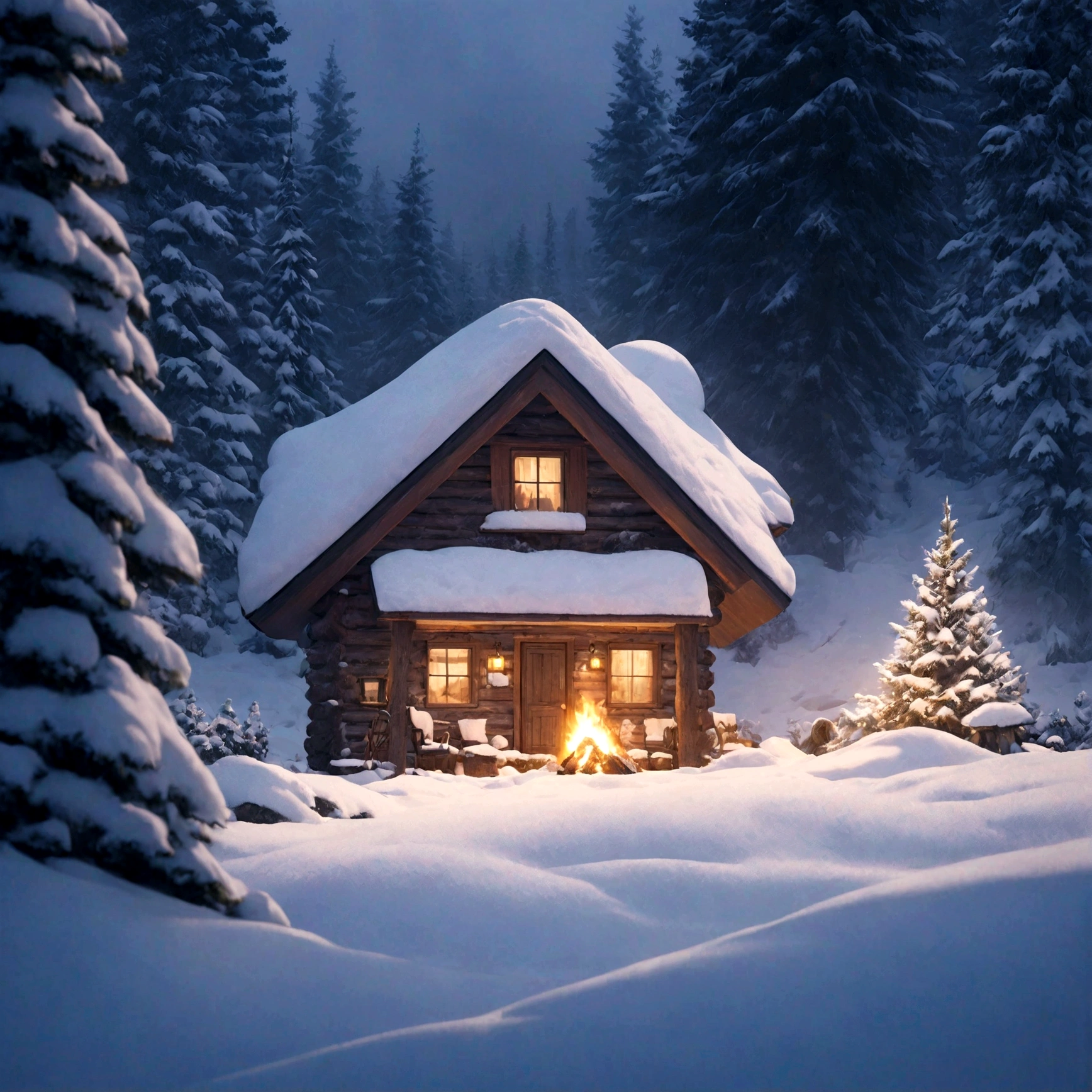 A cute miniature cabin deep in the woods, snow-covered, small fire out front, detailed winter landscape, cozy atmosphere, warm lighting, photorealistic, 8k, highly detailed, cinematic composition, beautiful colors, dramatic lighting