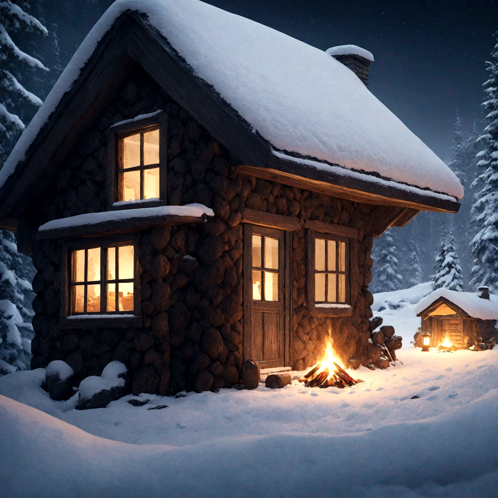 A cute miniature cabin deep in the woods, snow-covered, small fire out front, detailed winter landscape, cozy atmosphere, warm lighting, photorealistic, 8k, highly detailed, cinematic composition, beautiful colors, dramatic lighting