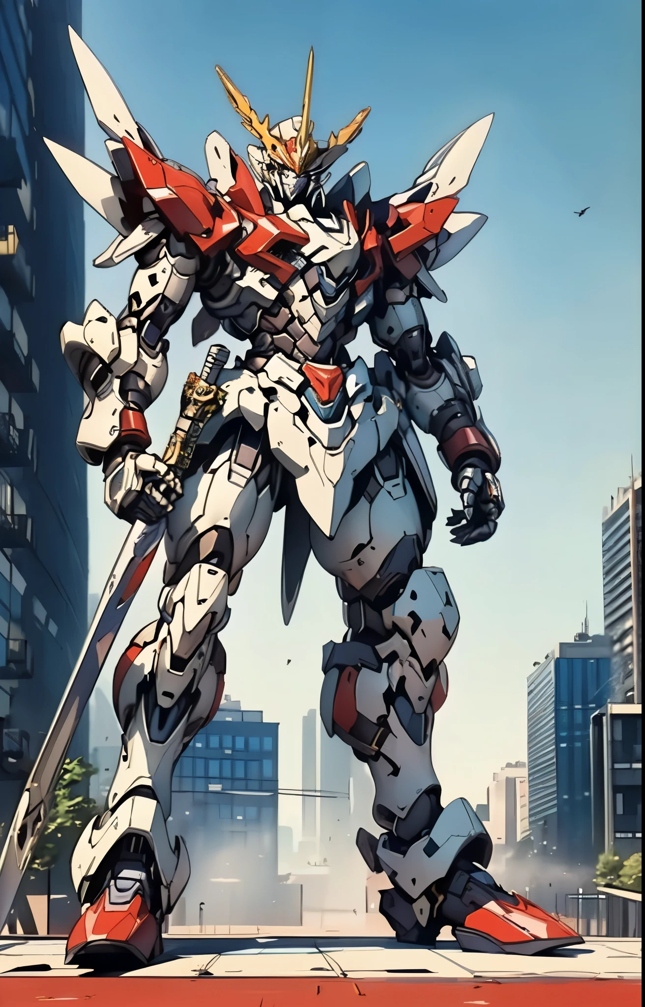 Humanoid Mecha, fully enclosed shoulder guards, matching arm and leg guards, full body, full armor, the design balances heavy with agility, (the color scheme is primarily white with red and blue accents, the concept Inspired by Super robot, organic biotech armor, standing, floating high above the futuristic sci-fi city), exquisite and mature art style, (aura effect, energy, glowing eyes, the armor glows), ((SRS)), metallic, dynamic, dramatic, high definition, best quality, highres, ultra-detailed, ultra-fine painting, extremely delicate, professional, perfect body proportions, anatomically correct, symmetrical face, extremely detailed eyes and face, high quality eyes, creativity, RAW photo, UHD, 32k, Natural light, cinematic lighting, masterpiece-anatomy-perfect, masterpiece:1.5