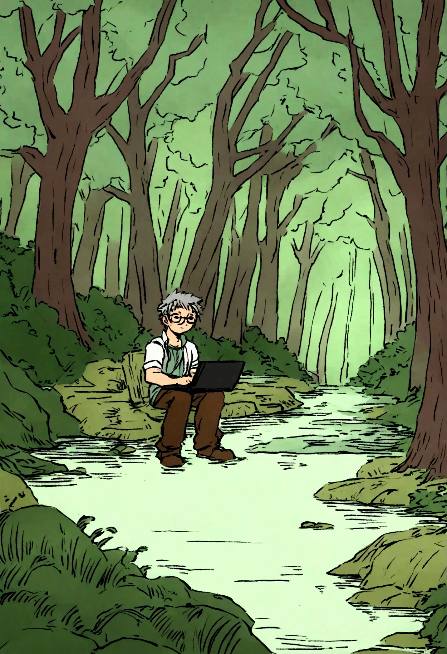 um homem 42 anos, glasses, usando um laptop, in a forest setting with rivers and lakes::desenho animado estilo anime
