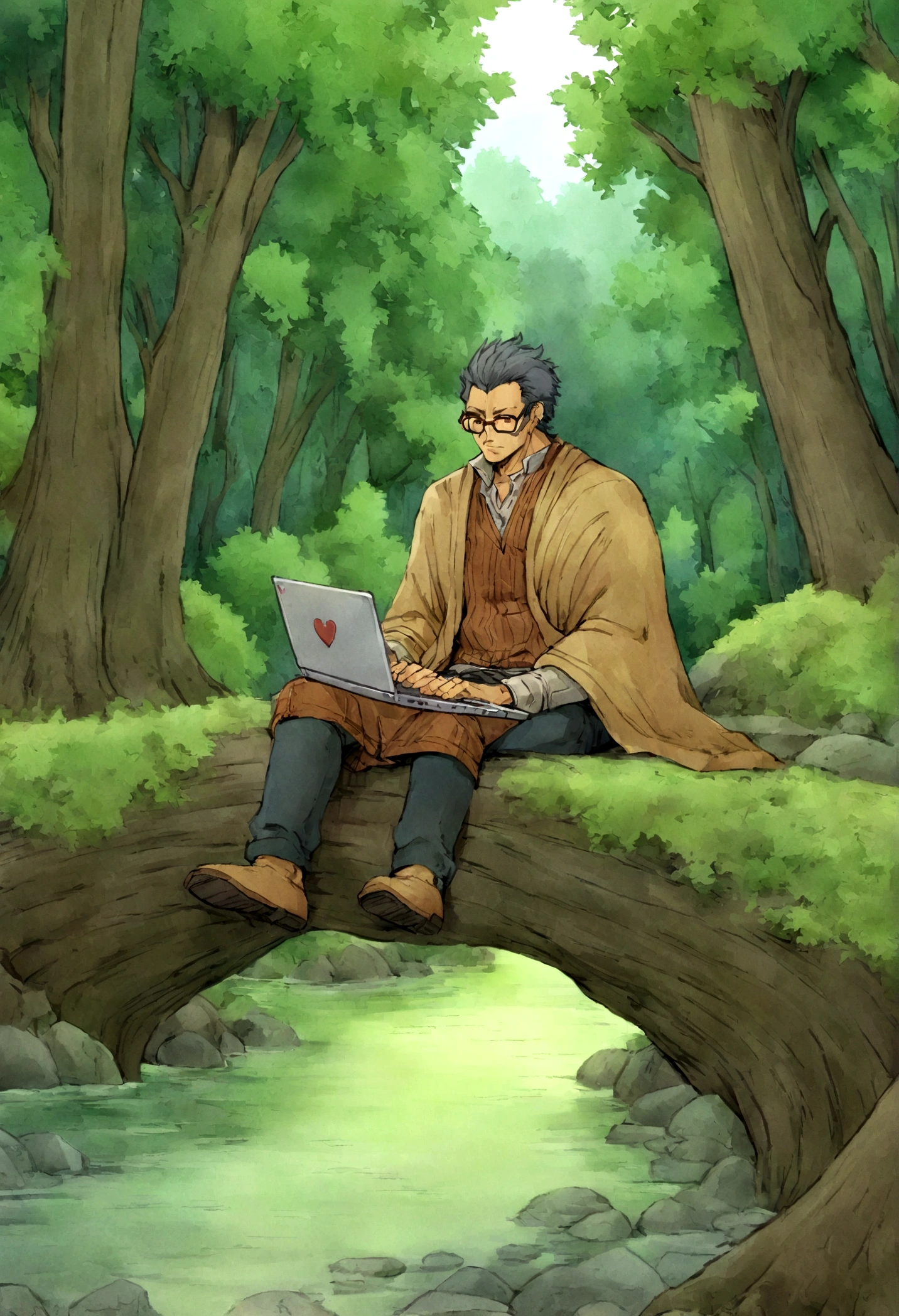 um homem 42 anos, glasses, usando um laptop, in a forest setting with rivers and lakes::desenho animado estilo anime