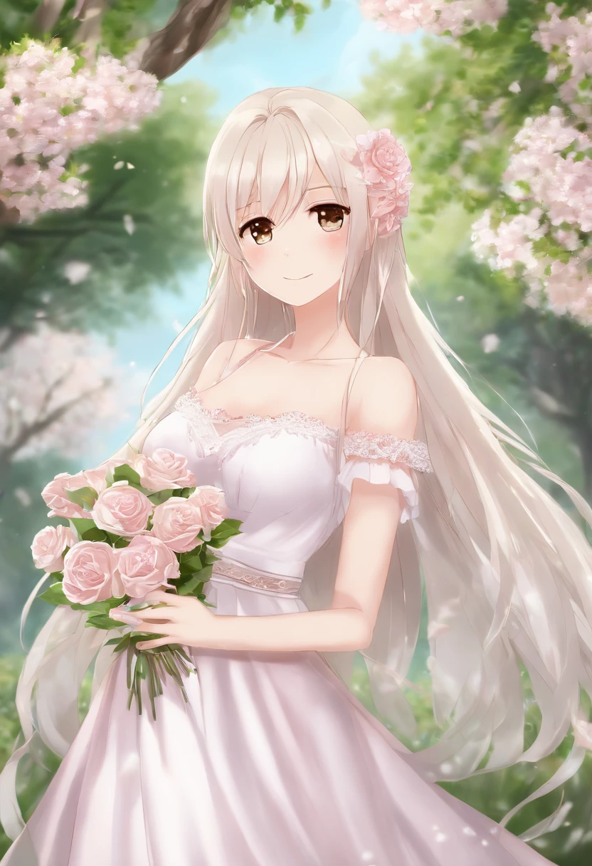 a beautiful anime girl with long white hair holding a bouquet of flowers, 1girl, asuna (sao), dress, long hair, pink flower, solo, smile, brown eyes, brown hair, outdoors, wedding dress, holding, flower, bouquet, breasts, white dress, braid, cherry blossoms, looking at viewer, tree, holding bouquet, blush , ((masterpiece, best quality1.5)),((masterpiece1.5)), ((best quality1.5)), (ultra-detailed1.5),photorealism, highly detailed