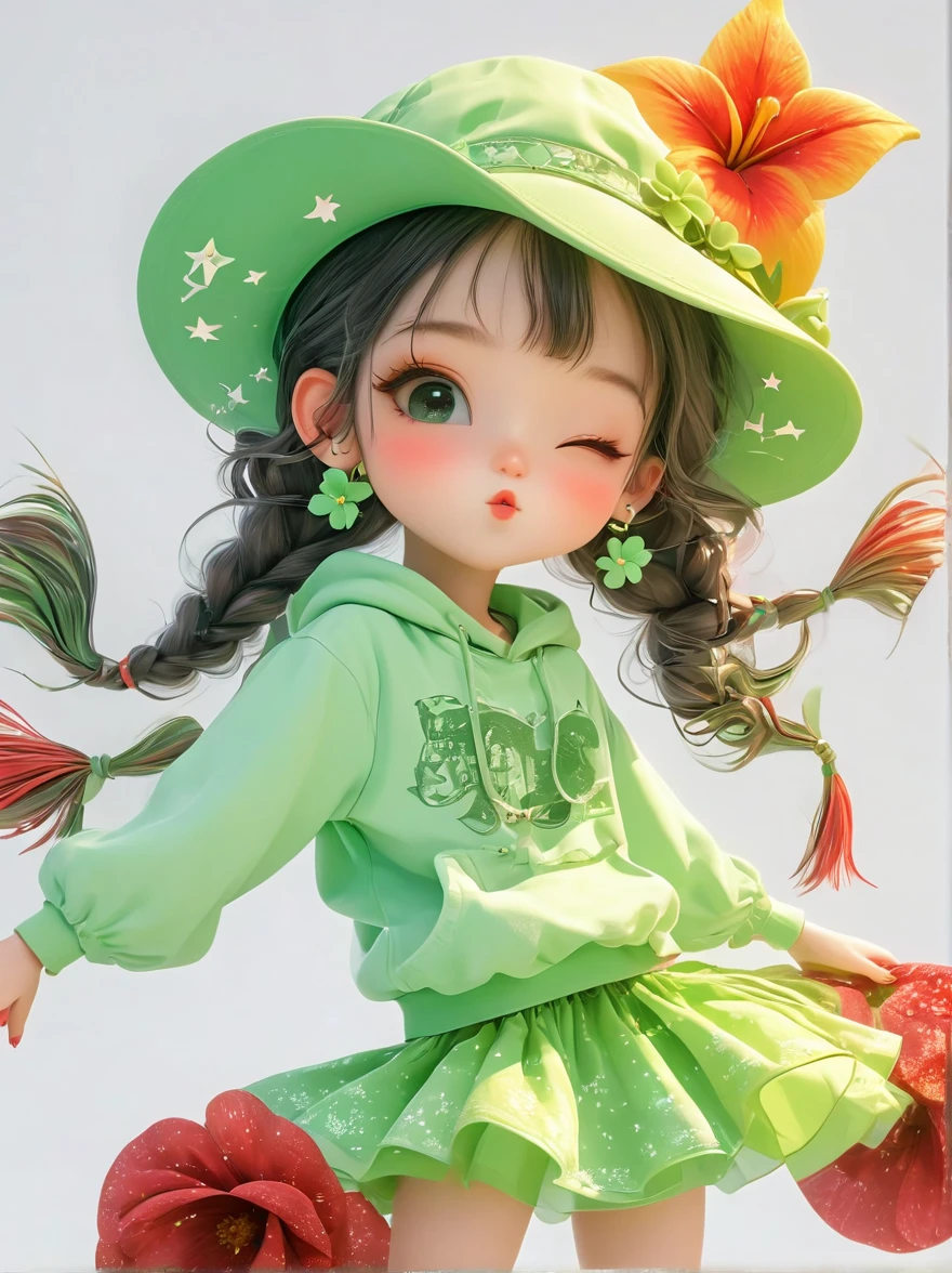 poster design, Flower elements, Starry sky elements, weird, Girl holding two hands and a hat, Deep silver, light green, red light, whole body, Corporate punk, Character detail design, Plush doll art style, Colorful anime stills, Color animation stills, Garage Kit, QR diagram, 2D Game Art, Cute and colorful, intellectual property, 3D, c4d, Blender, Unreal Engine, 8K, overclocked renderer, superb cinematic lighting, Chiaroscuro, detail, art award, Light Color, Ultra HD, 3D rendering, Realistic design, best quality, author:Faith Ringgold Information