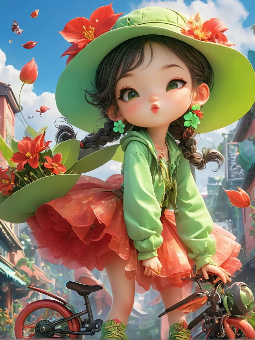 poster design, Flower elements, Starry sky elements, weird, Girl holding two hands and a hat, Deep silver, light green, red light, whole body, Corporate punk, Character detail design, Plush doll art style, Colorful anime stills, Color animation stills, Garage Kit, QR diagram, 2D Game Art, Cute and colorful, intellectual property, 3D, c4d, Blender, Unreal Engine, 8K, overclocked renderer, superb cinematic lighting, Chiaroscuro, detail, art award, Light Color, Ultra HD, 3D rendering, Realistic design, best quality, author:Faith Ringgold Information