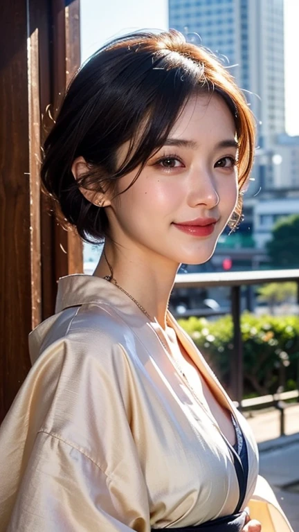 ((Beautiful Japanese Women)),Small breasts,, (8k, RAW Photos, highest quality, masterpiece:1.2),(Realistic, photo-Realistic:1.37),Very delicate and beautiful,8k,In detail,Beautiful details,highest quality,Ultra-high resolution,((Very detailed)),(photo-Realistic:1.37),(((Black short hair)))、((Mole on the corner of the eye))、(Thin eyebrows)、((double eyelid))、((Tear bags))、Fine skin、Beautiful neckline、((kimono))、necklace、smile、Kyoto cityscape、((Golden ratio of the face))、Slim body、(Beautiful curves)、Clear face)