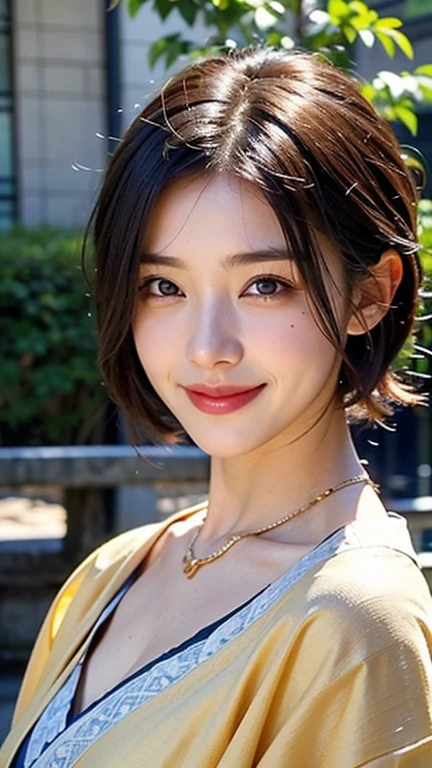 ((Beautiful Japanese Women)),Small breasts,, (8k, RAW Photos, highest quality, masterpiece:1.2),(Realistic, photo-Realistic:1.37),Very delicate and beautiful,8k,In detail,Beautiful details,highest quality,Ultra-high resolution,((Very detailed)),(photo-Realistic:1.37),(((Black short hair)))、((Mole on the corner of the eye))、(Thin eyebrows)、((double eyelid))、((Tear bags))、Fine skin、Beautiful neckline、((kimono))、necklace、smile、Kyoto cityscape、((Golden ratio of the face))、Slim body、(Beautiful curves)、Clear face)
