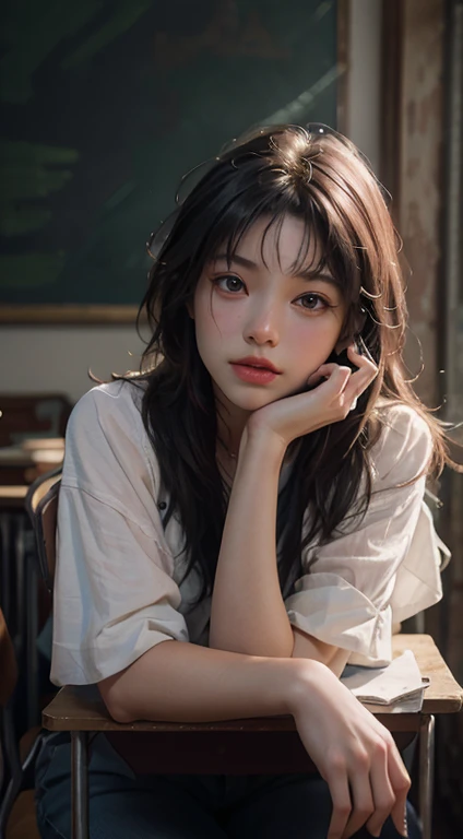 (RAW Photos, highest quality), (Realistic, photo-Realistic:1.3),highest quality,Very detailed,masterpiece,Very detailed,shape,One Girl,full_body,Dynamic Angle,world masterpiece theater,Messy_length_hair,highest quality,Very detailed CG , 8k,,ink,wonderful,Cinema Lighting,lens_Flare, Dunhuang_style, In the classroom、perfect face:1.2,