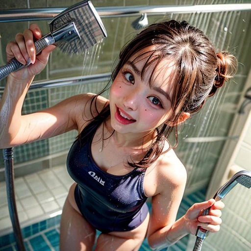 SFW, (Girls friendly snapshot in poolside open shower room), Braid hair, With bangs、(School Swimwear), the body is covered with juice、Sweating、be sweaty、Wet pearl skin, ((Wet swimsuit)), Perfect Lighting, Clear Focus, (bokeH:1.4), Roundly butts, { (shower:1.7) | Overflowing Gigantic sideboob | Butt cruck | (from above:1.4) }, hidden hands BREAK (NOGIZAKA girls) ((Extremely Detailed very KAWAII face variations)), perfect anatomy, Childish, captivating gaze, elaborate detailed Eyes with (sparkling highlights:1.2), long eyelashes、Glossy RED Lips with beautiful details, Coquettish tongue, Rosy cheeks . { (Dynamic joyful expressions) | (:d) }, (no large eyes) .