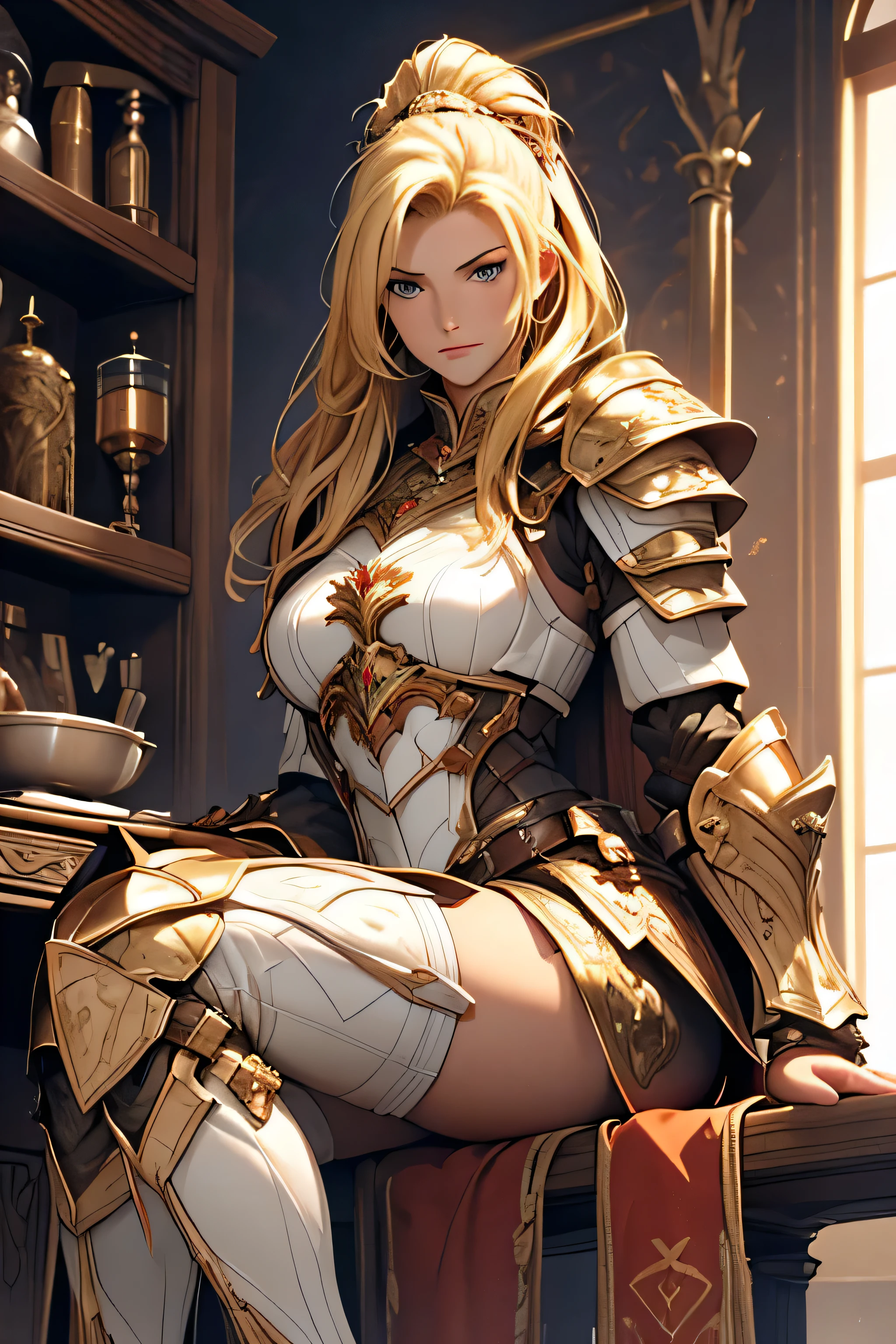 tmasterpiece,High-definition CG diagram,Beautiful female warrior,Detailed eyes and face,Tall figure,The blonde,Full armor attire,Extra-long boots,Wear knee-length boots,Over-the-knee stockings,Brilliant armor colors,Exquisite decoration,General temperament,Tall figure,Wide buttock,Thick legs,A majestic sight,sitting
