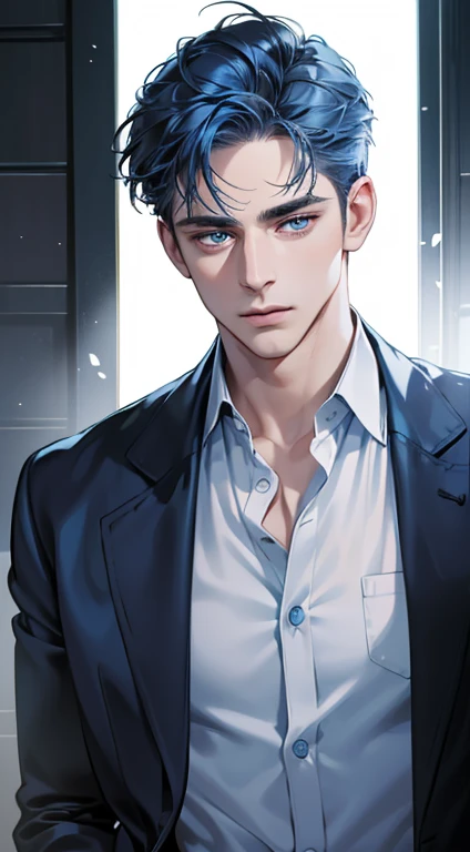 (best quality, masterpiece, 8K, photorealistic, cinematic lighting, 1:4 hdr image, ultra detailed, beautiful image), a mature man, 34 years very handsome, ((cold expression)), short blue hair, blue eyes, face perfect without mistakes, ((buttoning his jacket, CEO))