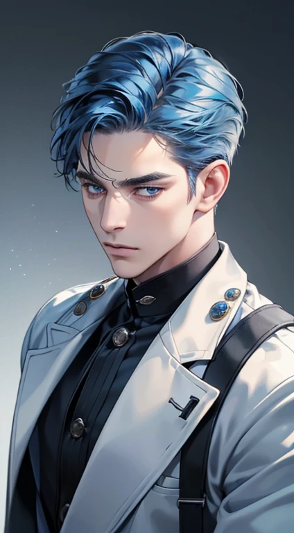 (best quality, masterpiece, 8K, photorealistic, cinematic lighting, 1:4 hdr image, ultra detailed, beautiful image), a mature man, 34 years very handsome, ((cold expression)), short blue hair, blue eyes, face perfect without mistakes, ((buttoning his jacket, CEO))