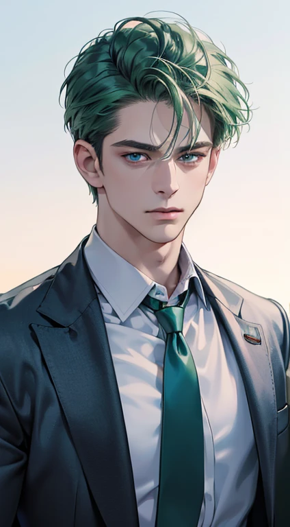 (best quality, masterpiece, 8K, photorealistic, cinematic lighting, 1:4 hdr image, ultra detailed, beautiful image), a mature man, 34 years very handsome, ((cold expression)), short green hair, blue eyes, face perfect without mistakes, ((buttoning his jacket, CEO))
