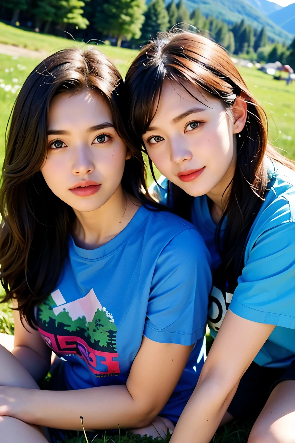 2 Girls, ideal , t-shirt, grass mountain flower background, Lesbian couples