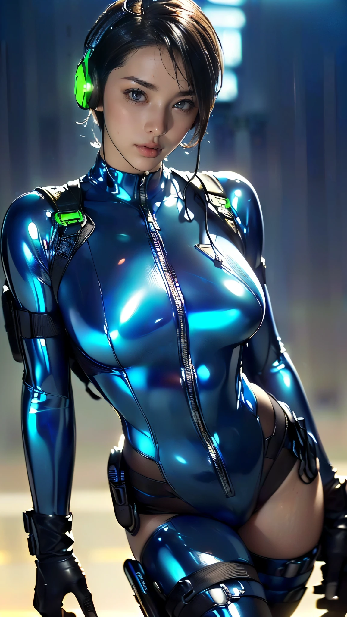 (One Woman),,(Face close-up:1.5),(front),Japanese,((Shiny dark blue tactical bodysuit:1.5)),((headset:1.5)),((Tactical Holster:1.5)),(gloves:1.5),(Severe:1.5),(Super Short Hair:1.5),(Beautiful Eyes:1.3),(Very detailedな顔:1.5),((Very detailedな女性の手の描画:1.5)),(((Muscular:1.5))),((Sexy Looks:1.5)),((Thick thighs:1.5)),(Beautiful body:1.5),((Very sensual:1.5)),(The background is a futuristic city:1.5),(Cyberpunk atmosphere:1.5),(((Blur the background:1.5))),(Written boundary depth:1.5),break(((masterpiece:1.5),(highest quality:1.5),(Very detailed:1.5),(High resolution:1.5),(Realistic:1.5),(Realistic:1.5),(Delicate depiction),(Careful depiction))),8k,wallpaper