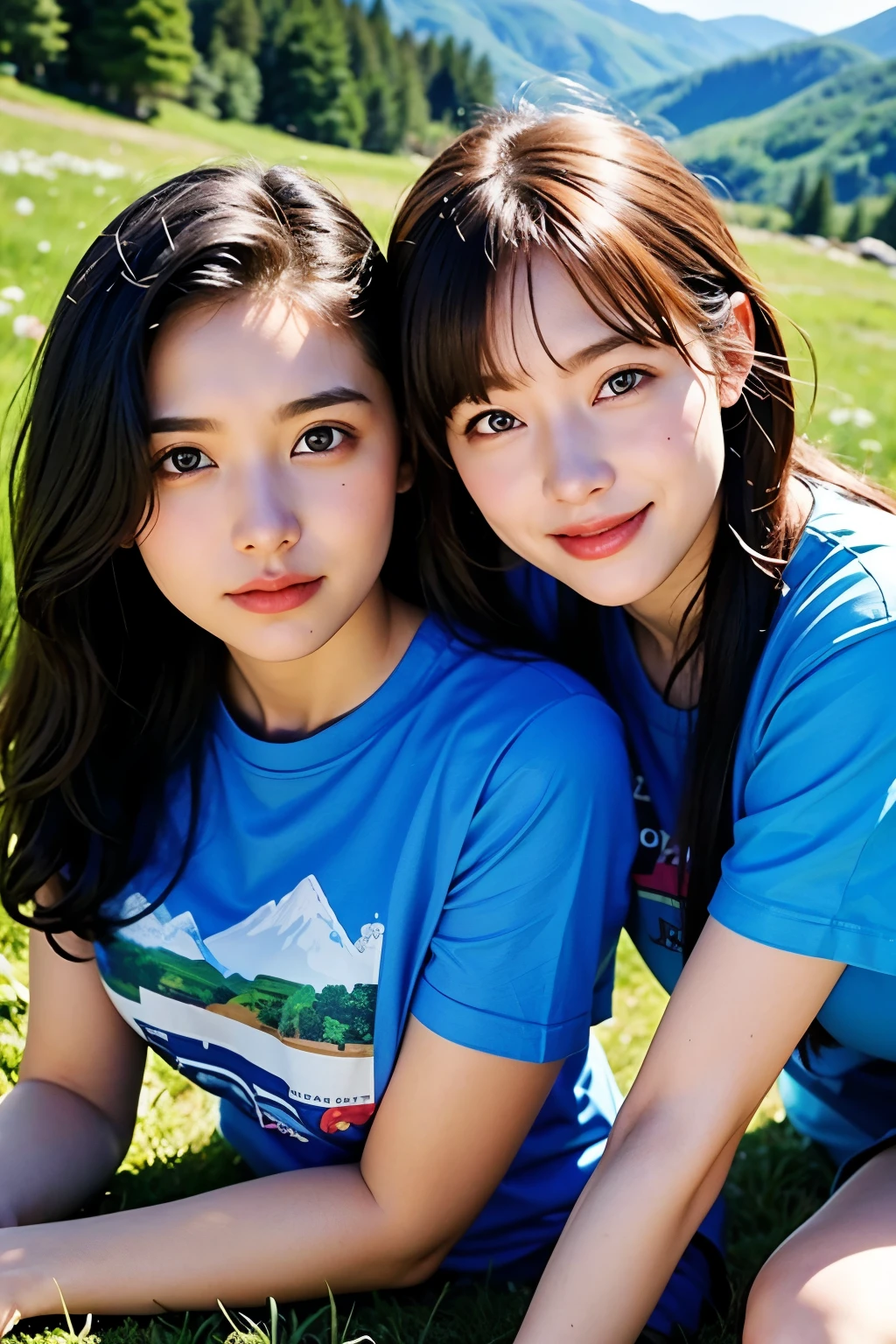 2 Girls, ideal , t-shirt, grass mountain flower background, Lesbian couples