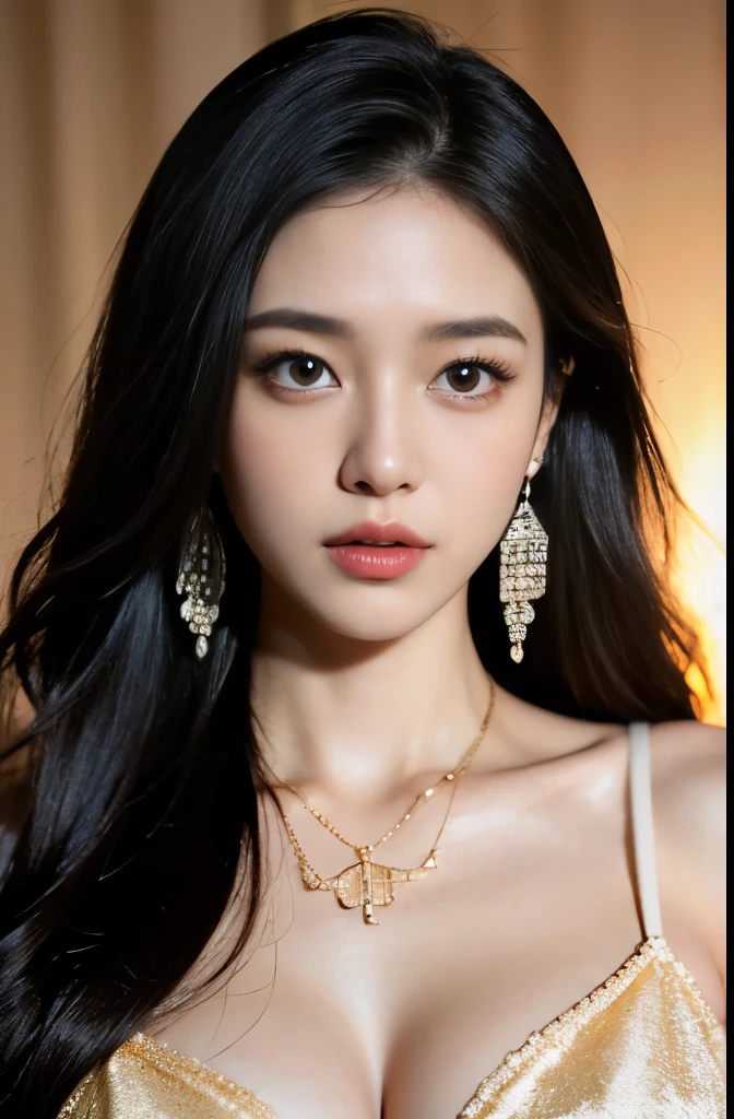 (masterpiece:1.3), (8 thousand, realistic, RAW photos, best quality: 1.4), (1 woman),(very sexy), (Beautiful makeover), (유난히 아름다운 realistic 얼굴), (Build a beautiful body) , (beautiful face), (beautiful face), (long eyelashes), (double eyelid), (realistic face), (black hair. parted, long hair:1.3), (아름다운 parted스타일), (realistic eyes), (really beautiful and delicate eyes), (beautiful and big breasts),(realistic skin), (beautiful skin), (absurd), (attractive), (ultra high resolution), (extremely realistic), (very detailed), (golden ratio), (necklace), (earring), (So beautiful and sexy)