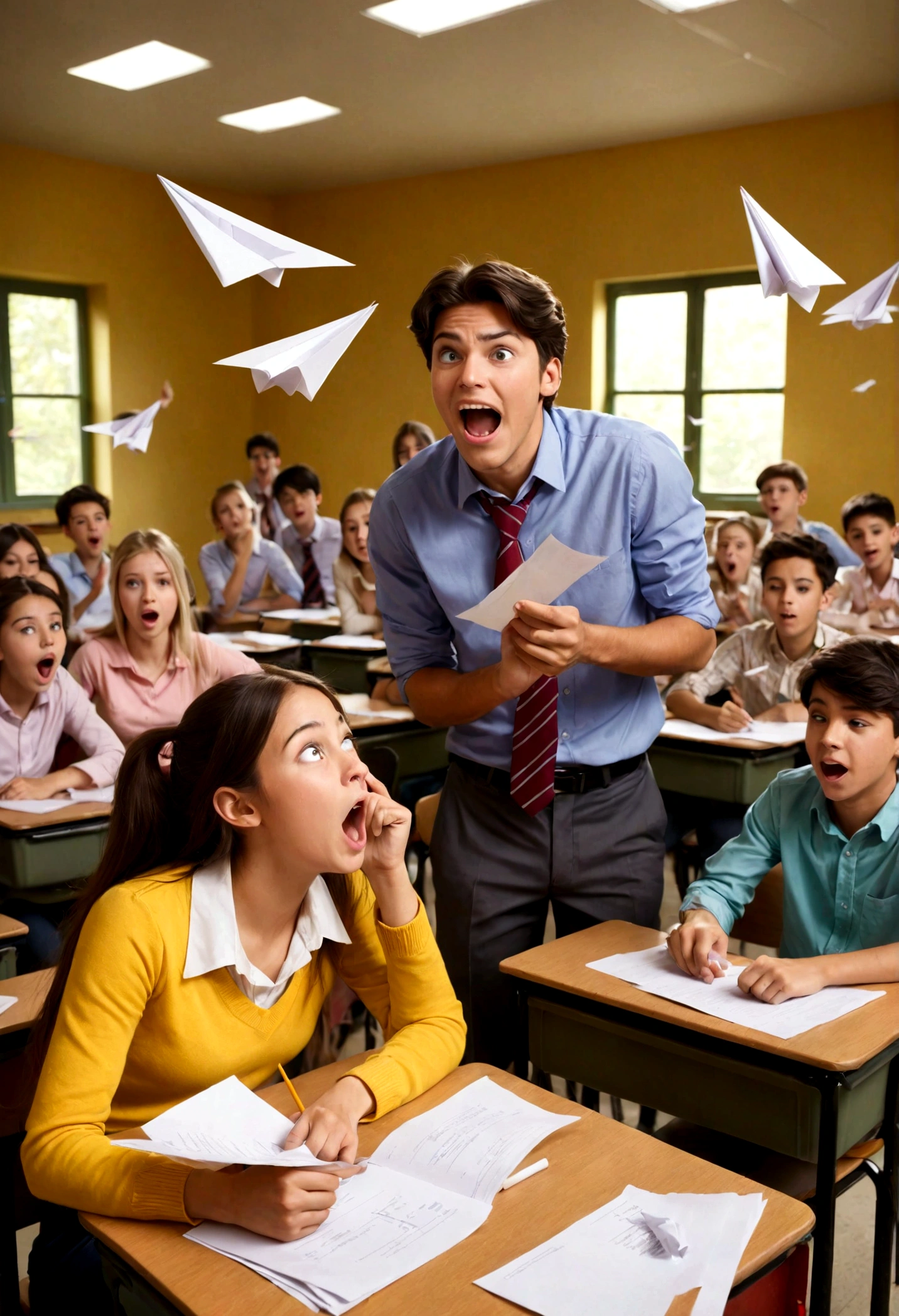 A lively classroom during an exam, filled with students who are cheating and throwing paper airplanes. Some students are sneaking peeks at their neighbor's papers, while others are passing notes and whispering. In the background, a few students are giggling and having fun, adding to the chaotic atmosphere. The teacher, looking frustrated, is trying to maintain order but is clearly overwhelmed. The scene is vibrant and humorous, capturing the playful and mischievous spirit of the students