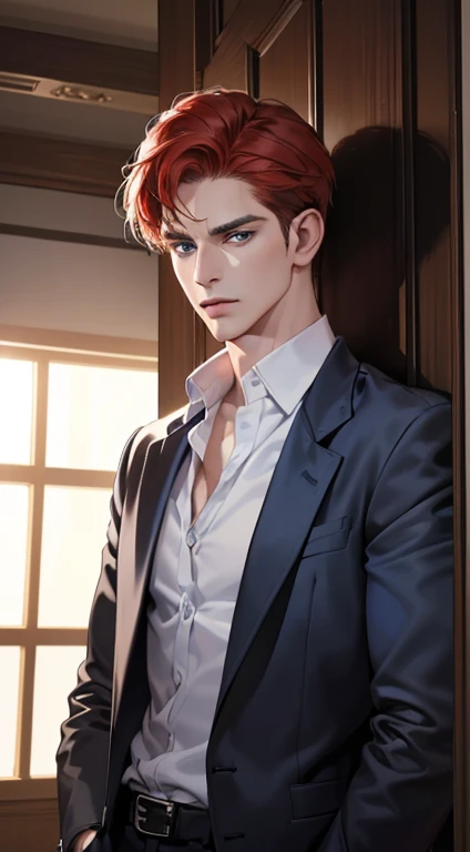(best quality, masterpiece, 8K, photorealistic, cinematic lighting, 1:4 hdr image, ultra detailed, beautiful image), a mature man, 34 years very handsome, ((cold expression)), short red hair, blue eyes, face perfect without mistakes, ((buttoning his jacket, CEO))