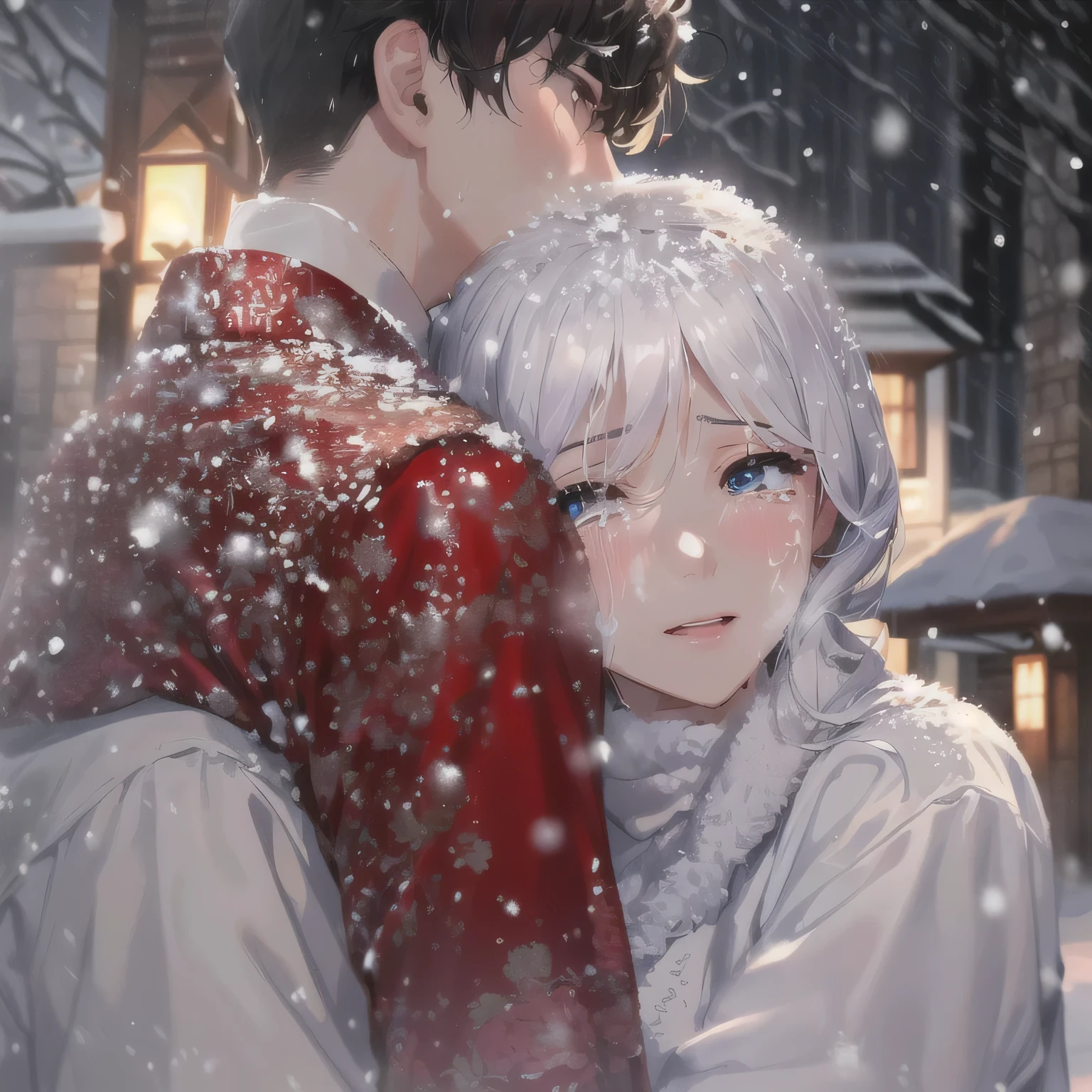 arafed image of a couple embracing in the snow, snowing, cold, like tears in rain time to die, highlight scene of the movie, snow fall, ❤🔥🍄🌪, sakimichan, hug, warm, snowfall, raining, inspired by Zhang Han, 😭 🤧 💔, romantic lead, from 8 k matte, delightful
