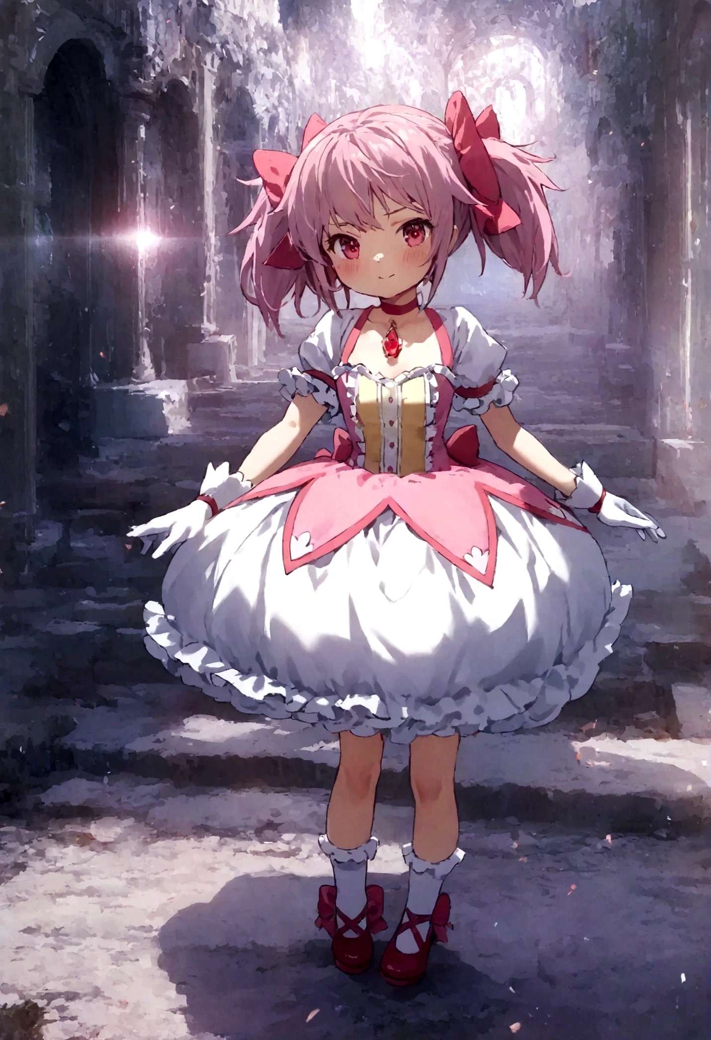 kaname_madoka\(Puella Magi Madoka Magica,magical girl style,pink twin tails hair,pink bows,open shoulder dress with frill,backward ribbon at neck,white grove,red juwel at middle of clavicle\) is standing with confused face in the center lost her way, showing full body to viewer, BREAK ,geometric and chaotic background with messy chaotic gothic shadow puppet castles,(in a very psychedelic nightmare), BREAK ,quality\(8k,wallpaper of extremely detailed CG unit, ​masterpiece,hight resolution,top-quality,top-quality real texture skin,hyper realisitic,increase the resolution,RAW photos,best qualtiy,highly detailed,the wallpaper,cinematic lighting,ray trace,golden ratio\),(long shot),wide shot,landscape,blured background,(art by Maurits Escher:1.3)