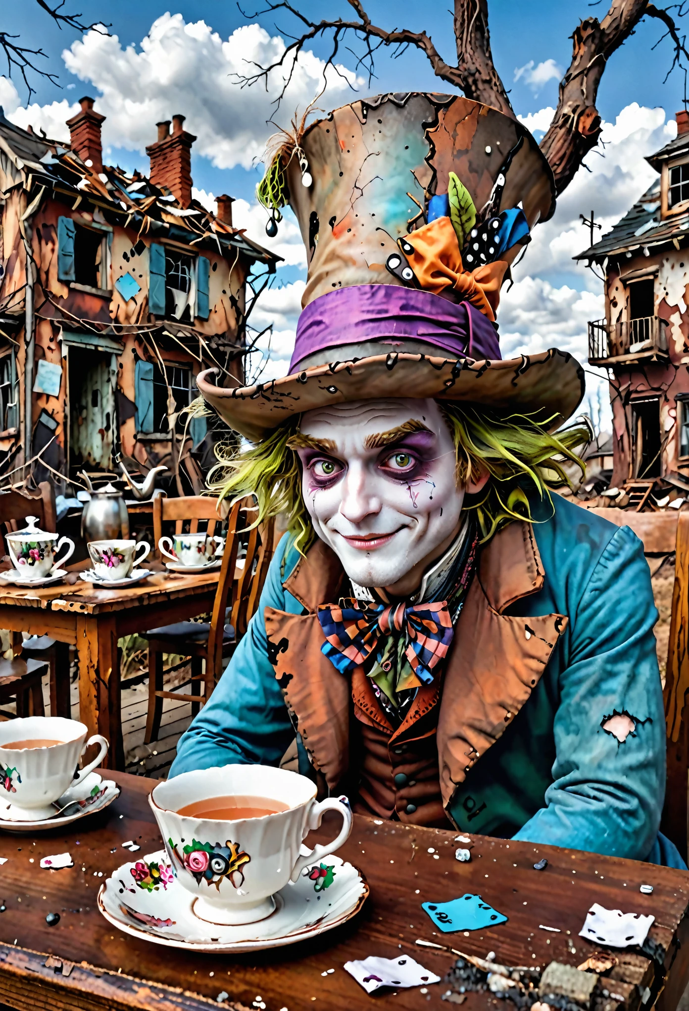 In this scene, the Mad Hatter from "Alice in Wonderland" is depicted in a state of disarray. His colorful, mismatched attire is tattered and dirty, and his iconic hat is worn and frayed. He sits at a table set for a tea , but the cups and saucers are cracked and chipped, and the teapot is rusted and dented. (best quality, ultra-detailed, high-saturation) The background shows a post-apocalyptic landscape, with crumbling buildings and twisted, dead trees. The sky is a dull, ashen color, with no sign of life or hope. Despite the bleakness of his surroundings, the Mad Hatter wears a wistful smile, as if reminiscing about better days long gone