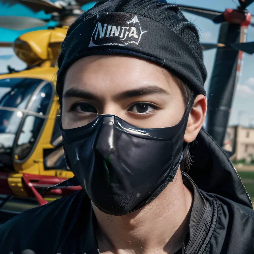 raw photo , 8K, ultra detailed, (realistic:1.2), (1man, ninja, mask:1.6), (helicopter:1.5),
