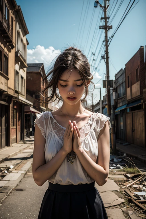 Praying Girl, Abandoned City, Double Exposure