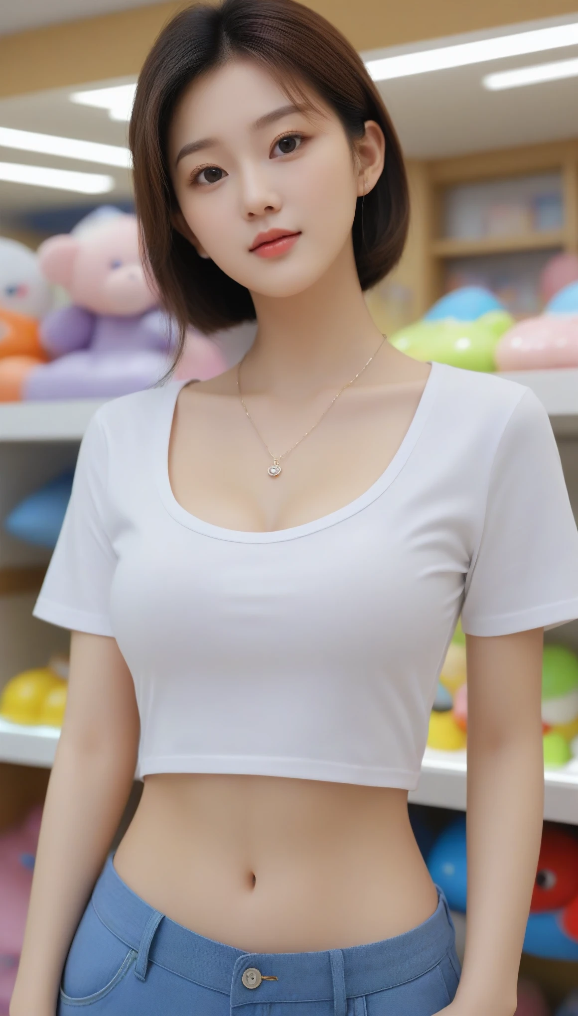 Extreme close-up of beautiful korean female, 34 inches breasts size, wearing t-shirt, necklace, pants, in toy shop, UHD