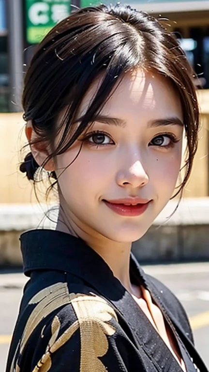 ((Beautiful Japanese Women)),Small breasts,, (8k, RAW Photos, highest quality, masterpiece:1.2),(Realistic, photo-Realistic:1.37),Very delicate and beautiful,8k,In detail,Beautiful details,highest quality,Ultra-high resolution,((Very detailed)),(photo-Realistic:1.37),(((Black short hair)))、((Mole on the corner of the eye))、(Thin eyebrows)、((double eyelid))、((Tear bags))、Fine skin、((kimono))、smile、Kyoto cityscape、((Golden ratio of the face))、Slim body、(Beautiful curves)、Clear face)