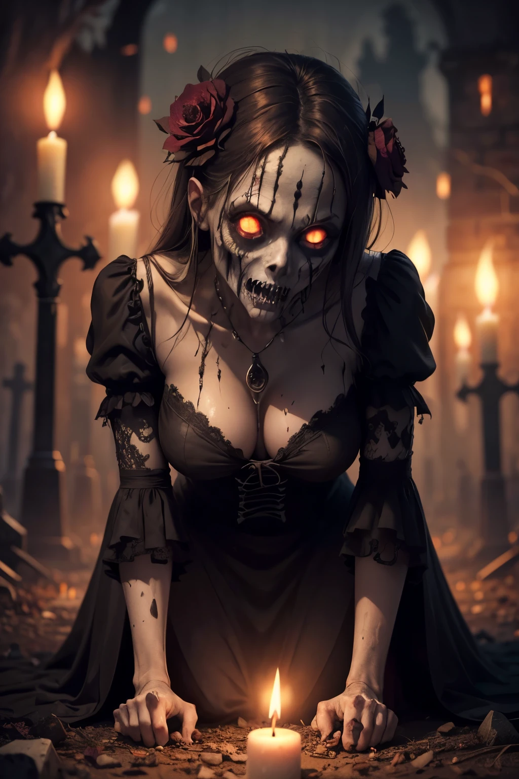 Decomposing Zombie Woman, bones crawling through dark cemetery with candle lights, your expression is terrifying, roupas sexys, peitos grandes, pele oleosa, realista, gostosa, sexy, roupa brilhante, olhos assustadores