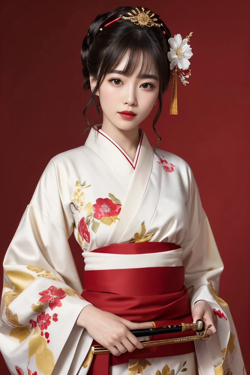 A female character standing in front of a crimson background、Dressed in gorgeous traditional Japanese clothing。Her hair is beautifully put together,、Traditional Hairpin(Hairpin)There are lots of decorations.。Her expression is full of grace、The bright red lipstick is striking。
Her kimono is mainly red.、White floral patterns scattered。The obi has a gorgeous black and gold design.、It gives a luxurious feel to the whole outfit.。In her right hand she holds a long pipe(Pipe)is being held、It is lifted gracefully。The sleeves of the kimono are wide.、It's like posing on stage。
The background is solid red.、Her gorgeous outfit stands out even more.。as a whole、Her figure is a perfect combination of traditional beauty and opulence.、It has an overwhelming charm to the viewer.。