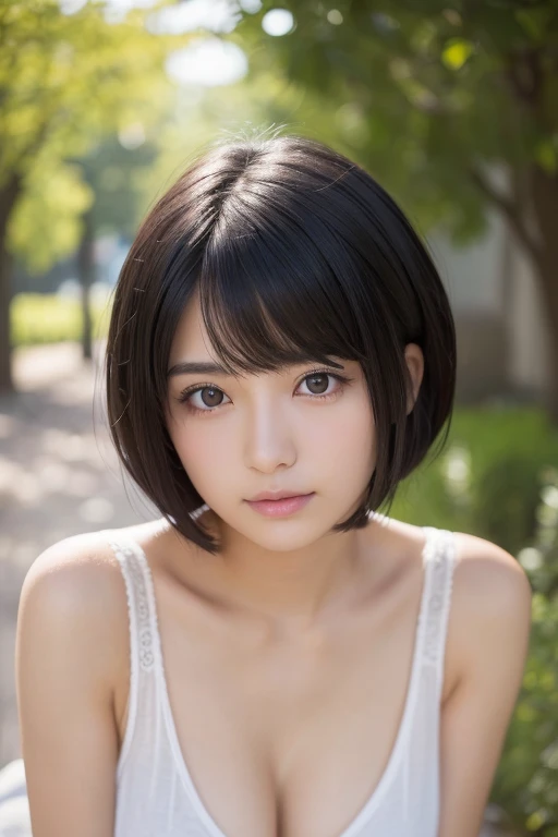(High resolution:1.3), (16k, Photorealistic, Raw photo, Best image quality: 1.4), Japanese, (One Girl), Beautiful Face, (A vivid face), (Black-haired、short hair:1.3), Beautiful Hairstyles, Realistic eyes, Beautifully detailed eyes, (Realistic Skin), Beautiful skins, attractive, 超A high resolution, Surreal, High detail, Golden Ratio, Highly detailed cute girl,(20-year-old),  half undressed