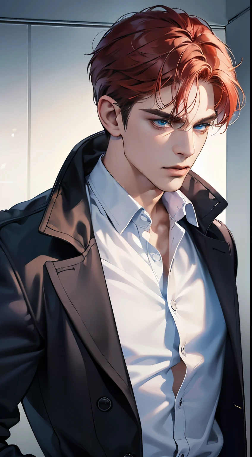 (best quality, masterpiece, 8K, photorealistic, cinematic lighting, 1:4 hdr image, ultra detailed, beautiful image), a mature man, 34 years very handsome, ((cold expression)), short red hair, blue eyes, face perfect without mistakes, ((buttoning his jacket, CEO))