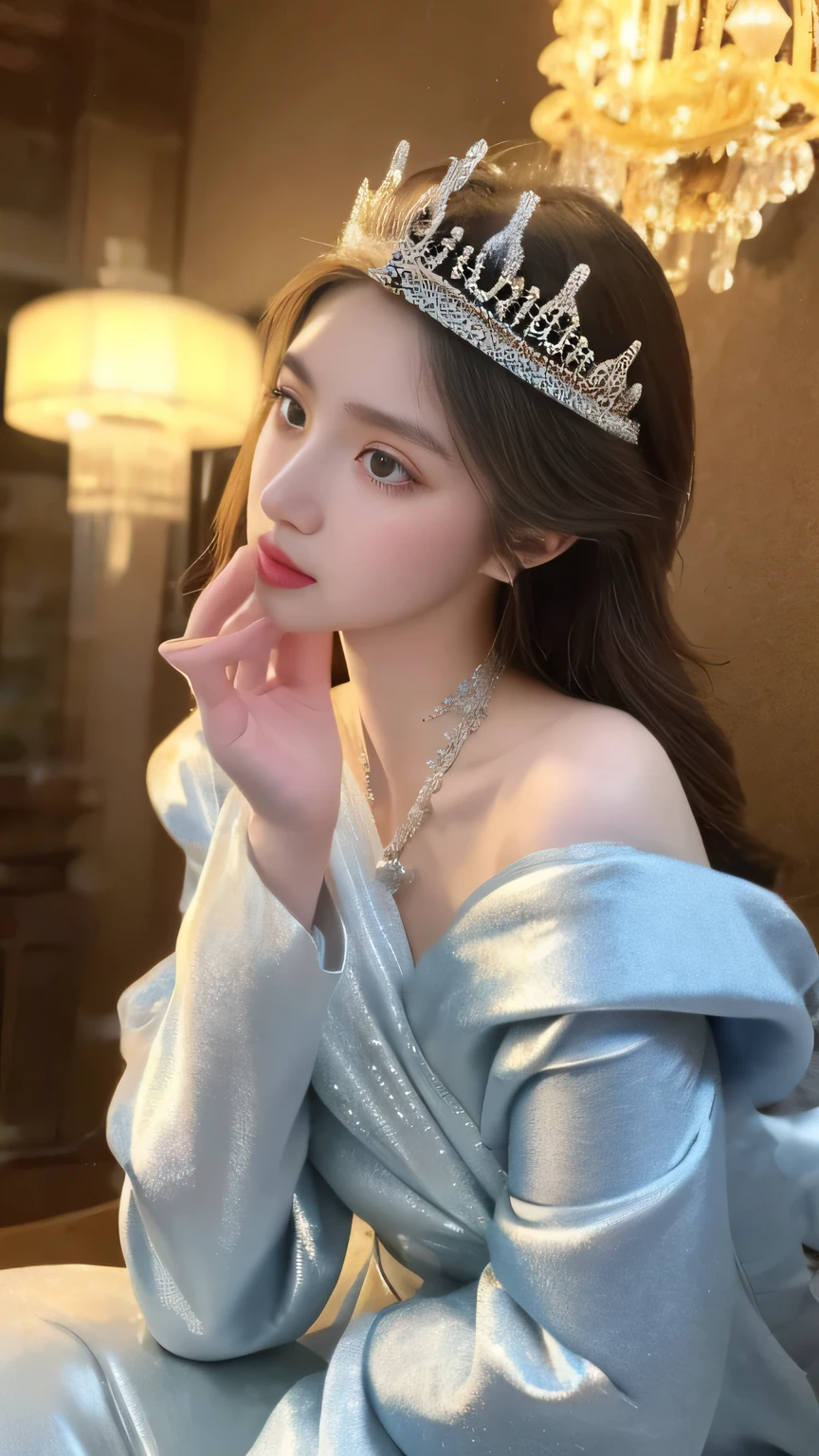 (Surrealism) , (illumination), (Improve resolution), (8K), (The content is very detailed), (Best Illustration Award), (The most beautiful quality), (Extremely detailed), (masterpiece), ( wallpaper), (Delicate face)Ice Queen,The face is cold,Ice Skin and Jade Bones,Silver robe,Wearing a crown,Precious stones,The gesture is noble,The breath is cold,Sitting on an ice chair,The air around me seems to be frozen,Chills。