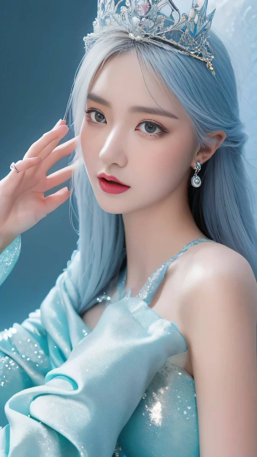 (Surrealism) , (illumination), (Improve resolution), (8K), (The content is very detailed), (Best Illustration Award), (The most beautiful quality), (Extremely detailed), (masterpiece), ( wallpaper), (Delicate face)Ice Queen,The face is cold,Ice Skin and Jade Bones,Silver robe,Wearing a crown,Precious stones,The gesture is noble,The breath is cold,Sitting on an ice chair,The air around me seems to be frozen,Chills。